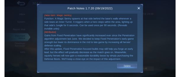 Patch update 20 september, Magic Sentry diperkenalkan