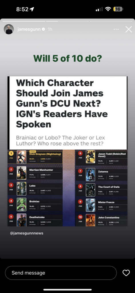 DC Face-Off Results Fan Favorite karakter DC James Gunn respon