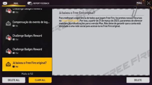 Free Fire Max shut down message brazil server screenshot