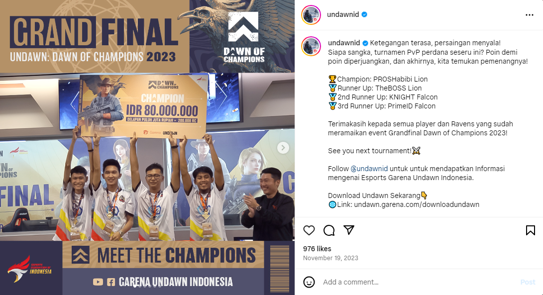 Undawn Indonesia pernah mengadakan Turnamen Dawn of Champions di 2023.