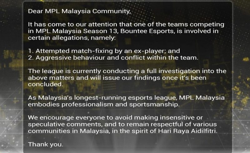 MPL Malaysia: Dugaan Match Fixing oleh Bountee Esports