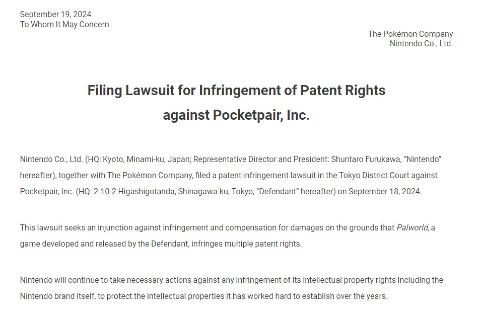 Tuntutan Nintendo ke Pocketpair